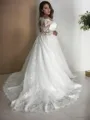 Trendy A-line Princess Off-the-Shoulder Long Sleeves Court Train Tulle Wedding Dress With Lace