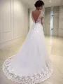 Ball-Gown Princess V-Neck Long Sleeves Court Train Pretty Tulle Wedding Dress With Lace