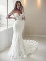 Dramatic Trumpet/Mermaid Off-the-Shoulder Long Sleeves Chapel Train Tulle Wedding Dress With Applique