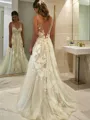 A-line Princess V-Neck Sleeveless Unique Sweep Train Tulle Wedding Dress With Applique