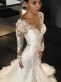 Trumpet/Mermaid V-Neck Long Sleeves Chapel Train Seductive Open Back Tulle Wedding Dress With Lace