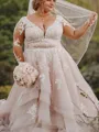 Dreamy Ball-Gown V-Neck Long Sleeves Court Train Organza Wedding Dress With Applique