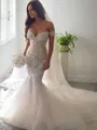 Trumpet/Mermaid Glamorous Off-the-Shoulder Sleeveless Chapel Train Tulle Wedding Dress
