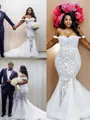 Trumpet/Mermaid Off-the-Shoulder Striking Sleeveless Court Train Tulle Wedding Dress With Ruffles