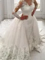 Flowy Ball-Gown Princess V-Neck Long Sleeves Cathedral Train Tulle Wedding Dress With Applique