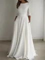 A-line Pretty Scoop 3/4 Sleeves Floor-Length Stretch Crepe Wedding Dress With Ruffles