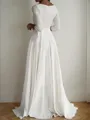 A-line Pretty Scoop 3/4 Sleeves Floor-Length Stretch Crepe Wedding Dress With Ruffles