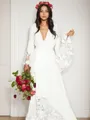 A-line V-Neck Long Sleeves Sweep Train Chiffon Dazzling Wedding Dress With Sash