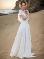 A-line V-Neck Short Sleeves Flattering Floor-Length Chiffon Wedding Dress With Ruched