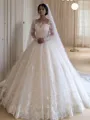 Ball-Gown Princess Enchanting Off-the-Shoulder Long Sleeves Sweep Train Tulle Wedding Dress With Applique