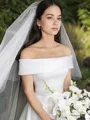 A-line Off-the-Shoulder Sleeveless Sweep Train Classic Satin Wedding Dress With Ruffles