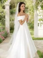 A-line Off-the-Shoulder Sleeveless Sweep Train Classic Satin Wedding Dress With Ruffles