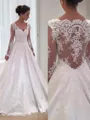Ball-Gown Romantic V-Neck Long Sleeves Court Train Satin Wedding Dress With Lace