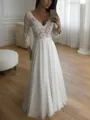 A-line V-Neck 3/4 Sleeves Timeless Floor-Length Chiffon Wedding Dress With Applique
