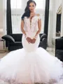 Trumpet/Mermaid Off-the-Shoulder Long Sleeves Floor-Length Captivating Tulle Wedding Dress With Applique