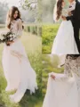 A-line V-Neck Long Sleeves Sweep Train Stylish Tulle Wedding Dress With Applique