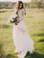 A-line V-Neck Long Sleeves Sweep Train Stylish Tulle Wedding Dress With Applique