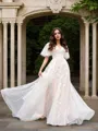 Simple A-line Princess V-Neck 1/2 Sleeves Court Train Tulle Wedding Dress With Applique