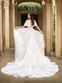 Simple A-line Princess V-Neck 1/2 Sleeves Court Train Tulle Wedding Dress With Applique