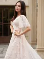 Simple A-line Princess V-Neck 1/2 Sleeves Court Train Tulle Wedding Dress With Applique