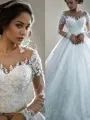 Ball-Gown Princess Stunning Bateau 3/4 Sleeves Court Train Tulle Wedding Dress With Beading