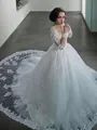 Ball-Gown Princess Stunning Bateau 3/4 Sleeves Court Train Tulle Wedding Dress With Beading