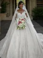 Ball-Gown Bateau Long Sleeves Cathedral Train Splendid Satin Wedding Dress With Applique