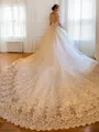 Ball-Gown Princess Cinderella Off-the-Shoulder 3/4 Sleeves Cathedral Train Tulle Wedding Dress With Beading