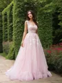 A-line Princess Straps Sleeveless Sweep Train Delicate Tulle Wedding Dress With Applique