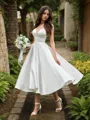 A-line V-Neck Sleeveless Tea-Length Satin Balanced Wedding Dress With Ruffles
