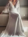 A-line Refined V-Neck Long Sleeves Court Train Lace Wedding Dress With Sash
