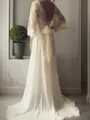 A-line Refined V-Neck Long Sleeves Court Train Lace Wedding Dress With Sash