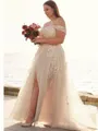 A-line Princess Off-the-Shoulder Timeless Sleeveless Sweep Train Tulle Wedding Dress With Slit