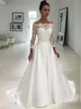 Ball Gown Off-the-Shoulder 3/4 Sleeves Sweep Train Satin Chic Wedding Dress With Lace