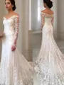 Flattering Trumpet/Mermaid Off-the-Shoulder Long Sleeves Court Train Lace Wedding Dress With Applique