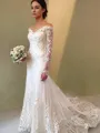 Flattering Trumpet/Mermaid Off-the-Shoulder Long Sleeves Court Train Lace Wedding Dress With Applique