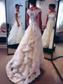 A-line Scoop Sleeveless Stunning Court Train Lace Wedding Dress