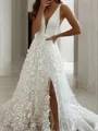 A-line V-Neck Glam Sleeveless Sweep Train Lace Wedding Dress With Slit