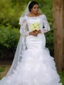 Ball-Gown Princess Scoop Long Sleeves Chapel Train Tulle Glam Wedding Dress With Applique