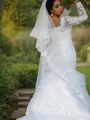Ball-Gown Princess Scoop Long Sleeves Chapel Train Tulle Glam Wedding Dress With Applique