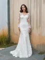 Trumpet/Mermaid Scoop Curvaceous Long Sleeves Sweep Train Tulle Wedding Dress With Applique