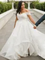 A-line Off-the-Shoulder Sleeveless Unique Sweep Train Organza Wedding Dress With Ruffles