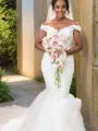 Trumpet/Mermaid Off-the-Shoulder Sleeveless Sweep Train Tulle Dramatic Wedding Dress With Applique