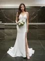 Sexy Sheath/Column Halter Sleeveless Sweep Train Stretch Crepe Wedding Dress With Slit