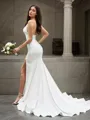 Sexy Sheath/Column Halter Sleeveless Sweep Train Stretch Crepe Wedding Dress With Slit