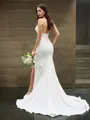 Sexy Sheath/Column Halter Sleeveless Sweep Train Stretch Crepe Wedding Dress With Slit
