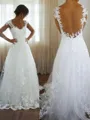 A-line Princess V-Neck Sleeveless Pretty Sweep Train Open Back Tulle Wedding Dress With Lace