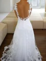 A-line Princess V-Neck Sleeveless Pretty Sweep Train Open Back Tulle Wedding Dress With Lace