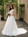 A-line Princess Off-the-Shoulder Sleeveless Chapel Train Charming Tulle Wedding Dress With Applique