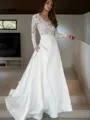 A-line V-Neck Dazzling Long Sleeves Sweep Train Satin Wedding Dress With Applique